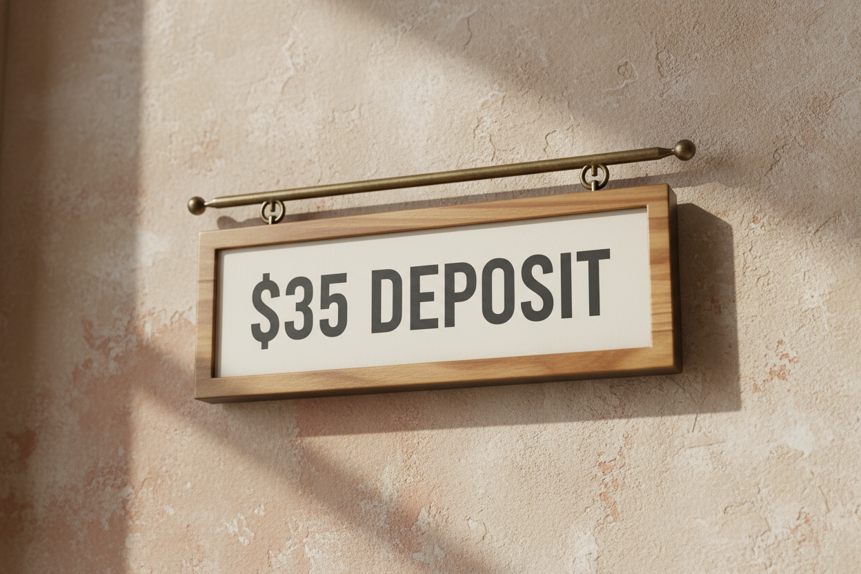 "35 dollar deposit" only sign with no other words and with a natural tone background