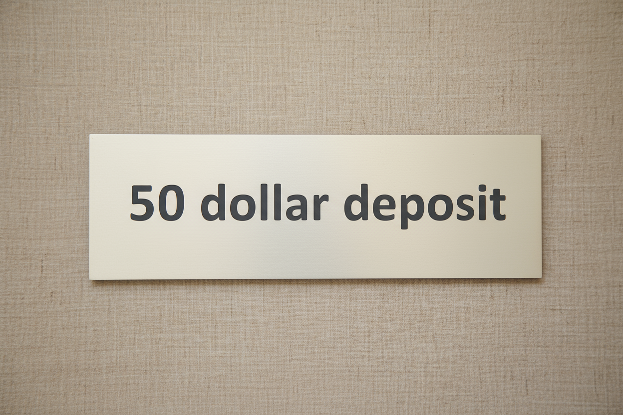 "50 dollar deposit" only sign with no other words and with a natural tone background