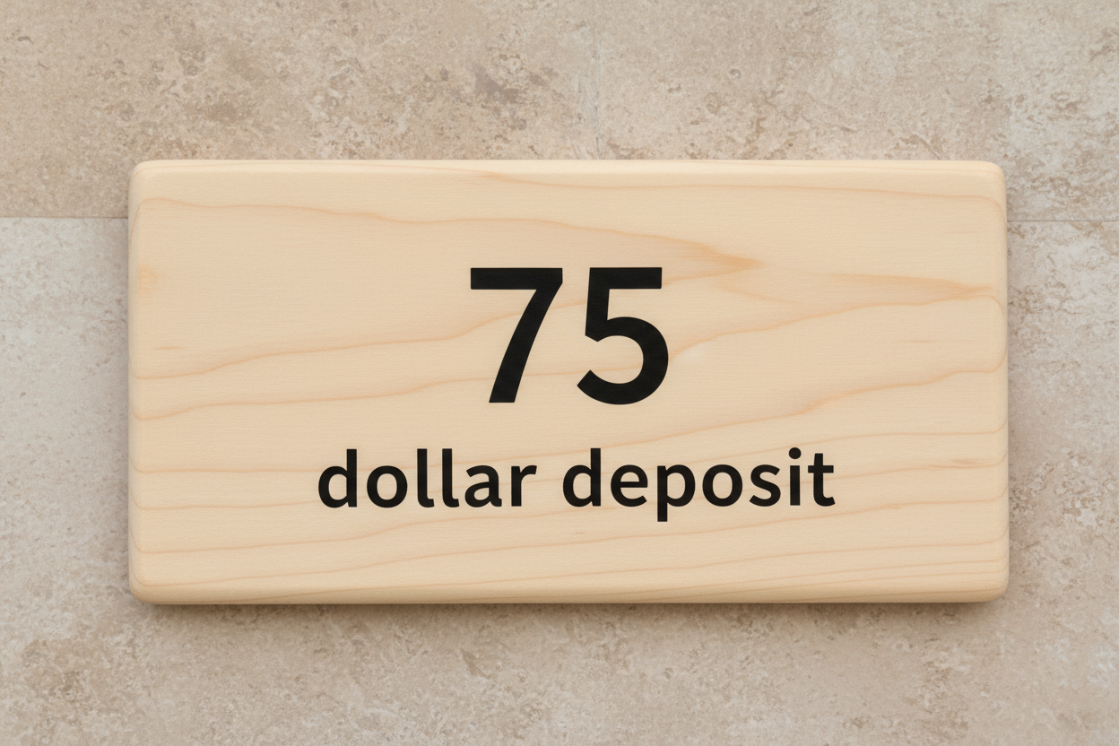 can you generate an image with a "75 dollar deposit" sign with no other words on it and with a natural tone background
