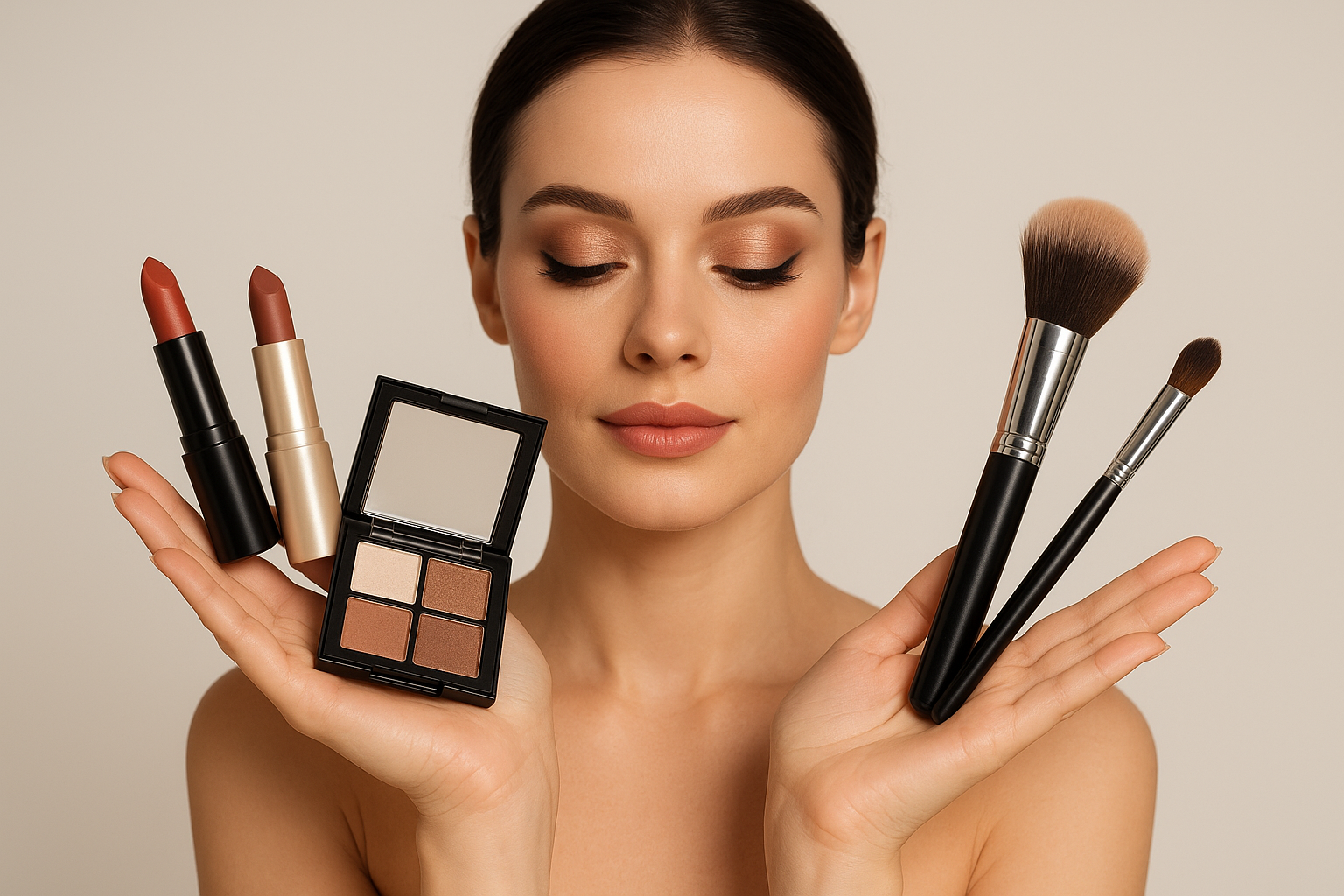 women showing makeup items on her hands